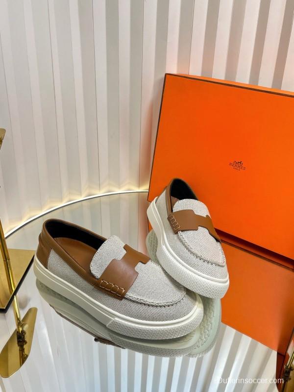 2025 Unisex Hermès White Brown Leather Fabric Loafers