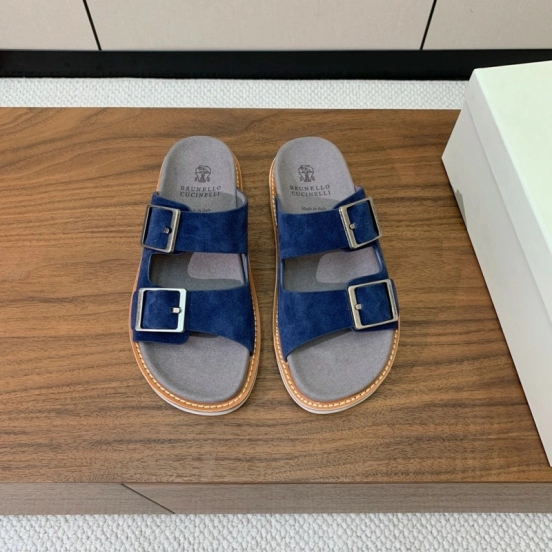 2025 Unisex Brunello Cucinelli Blue Suede Leather Slippers KFY00250