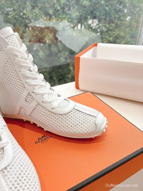 2025 Women Hermès White Leather Mesh Ankle Boots