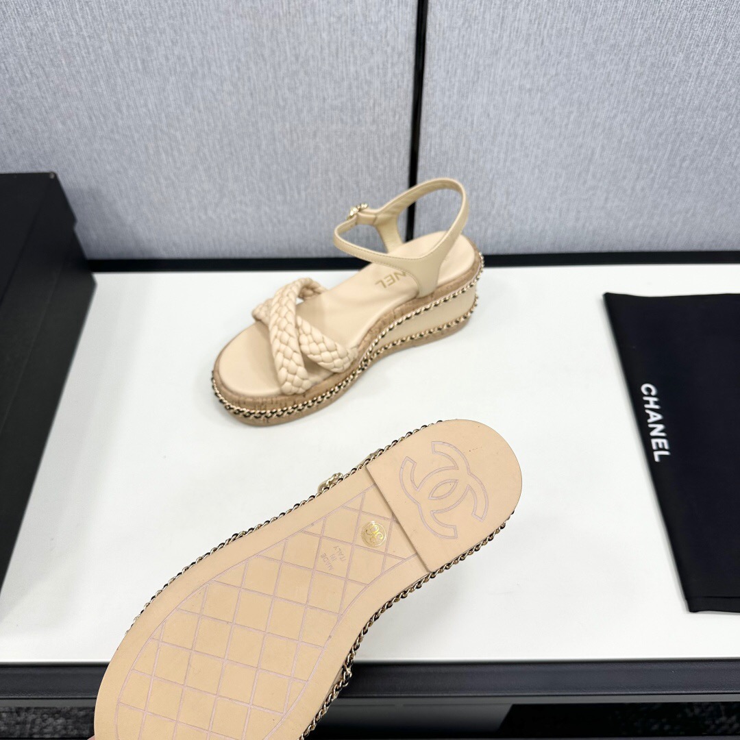 2025 Women Chanel Beige Leather Wedge Sandals