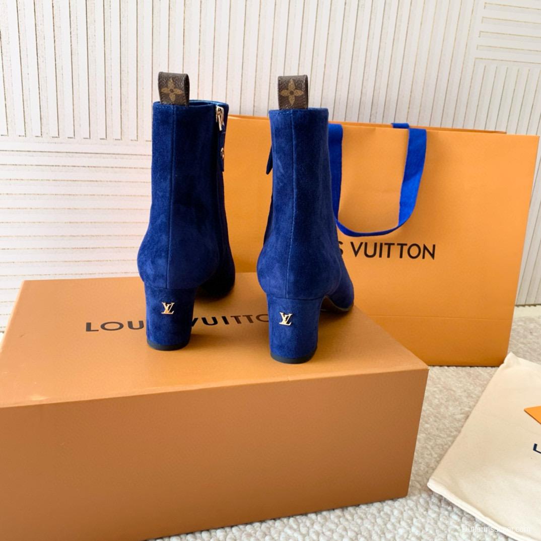 2024 Women Louis Vuitton Blue Suede Ankle Boots