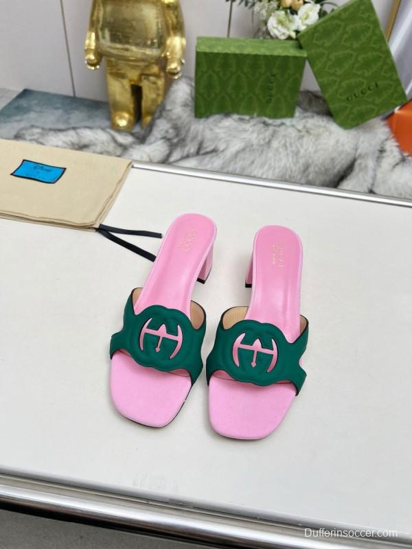 2025 Women Gucci Pink Green Leather Slippers