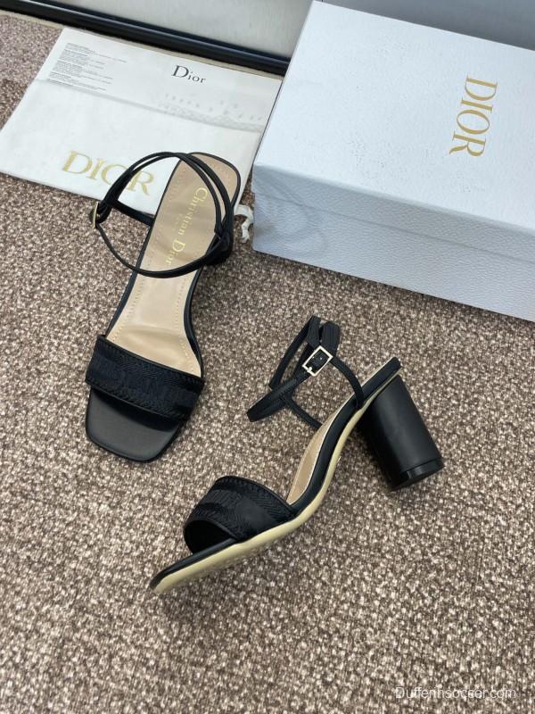 2025 Women Dior Black Leather Fabric Sandals