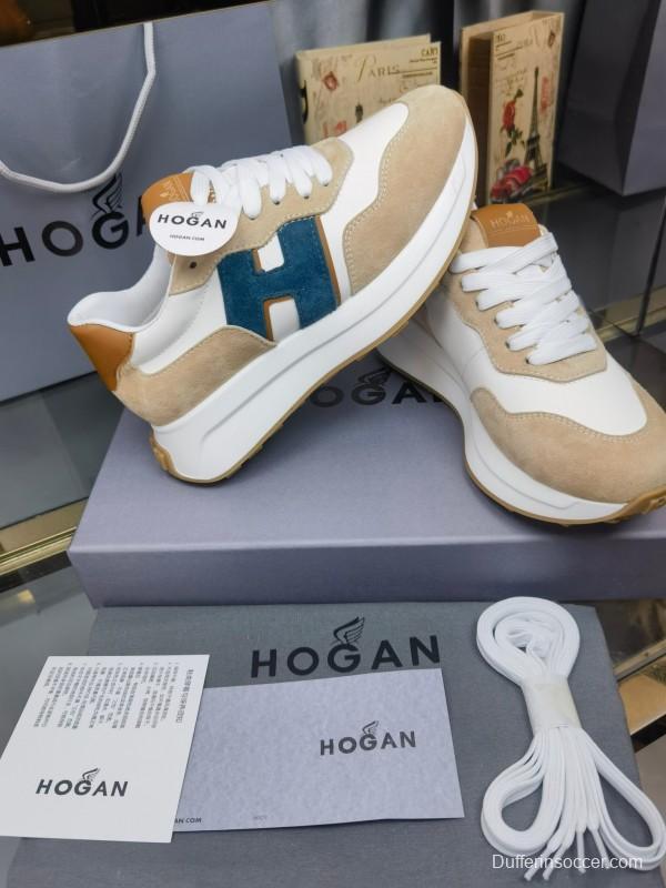 2025 Unisex HOGAN White Beige Blue Leather Suede Platform Sneakers H-STRIPES LY00360(F)/LY00370(M)