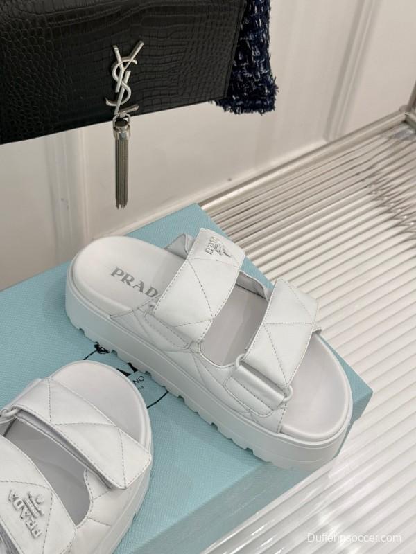2025 Slippers Prada White Leather Quilted Velcro Strap KFY00250