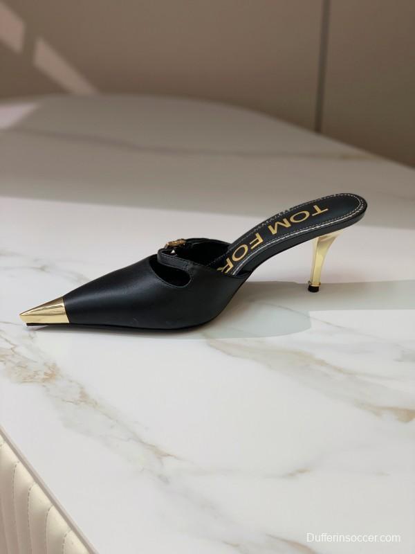 2025 Women TOM FORD Black Gold Leather Heeled Mules KFY00300