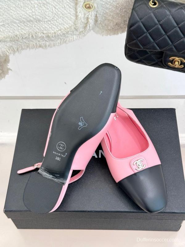 2025 Women Chanel Pink Black Leather Slingback Low Heel KFY00280