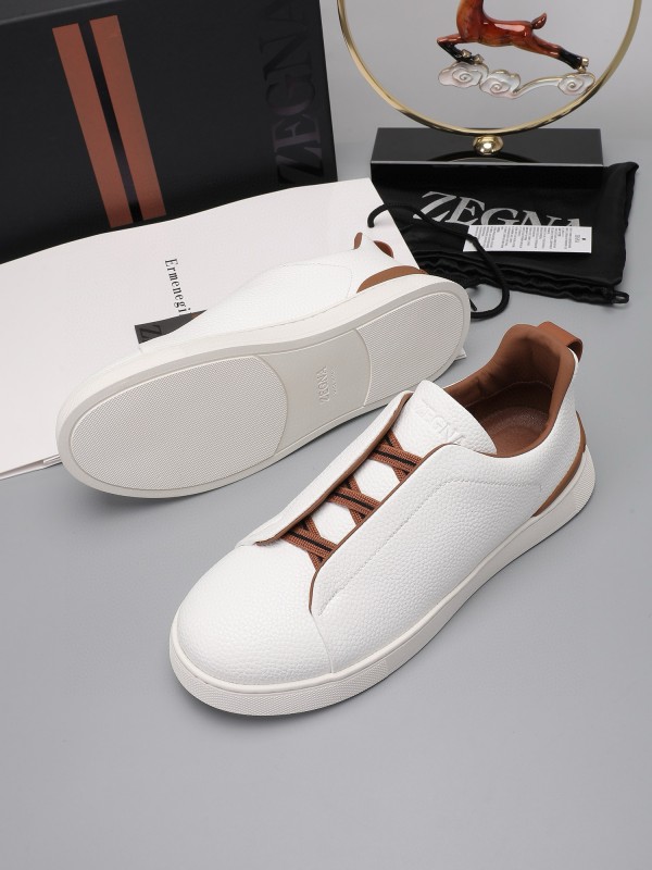 2024 Men Ermenegildo Zegna White Brown Leather Sneakers MJ00240