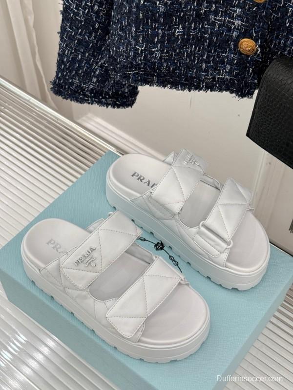 2025 Slippers Prada White Leather Quilted Velcro Strap KFY00250