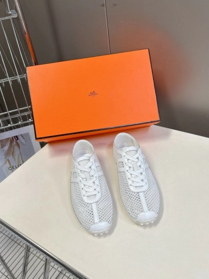 2025 Women Hermès White Leather Mesh Sneakers KFY00250