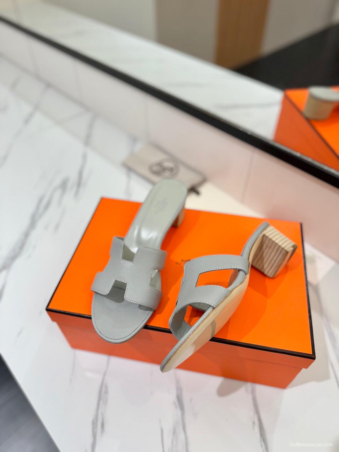 2025 Women Hermès Grey Leather Heeled Slippers