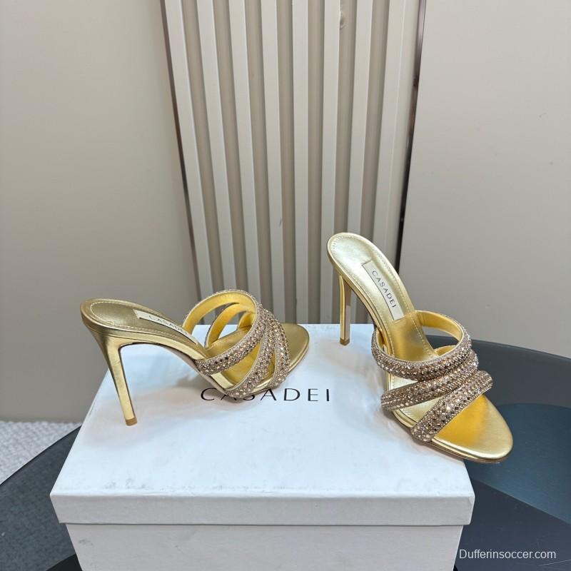 2025 Women Casadei Gold Glitter Leather High Heel Sandals