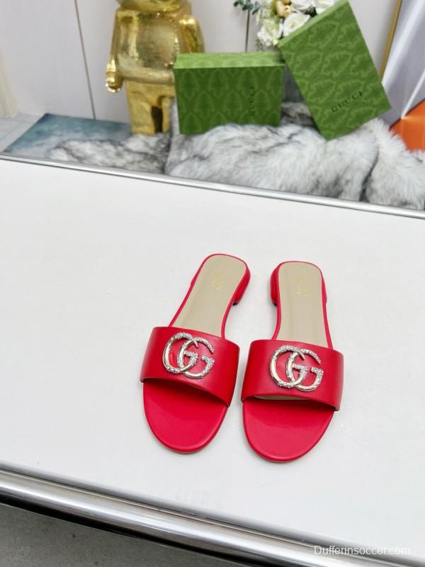 2025 Gucci Red Leather Slippers GG Ornament MJ00190