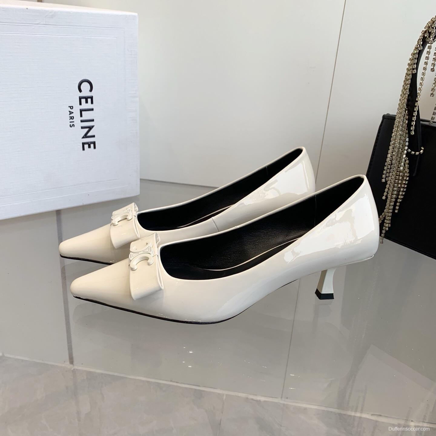 2025 Women Celine White Calfskin Pointed Toe Pumps KFY00330