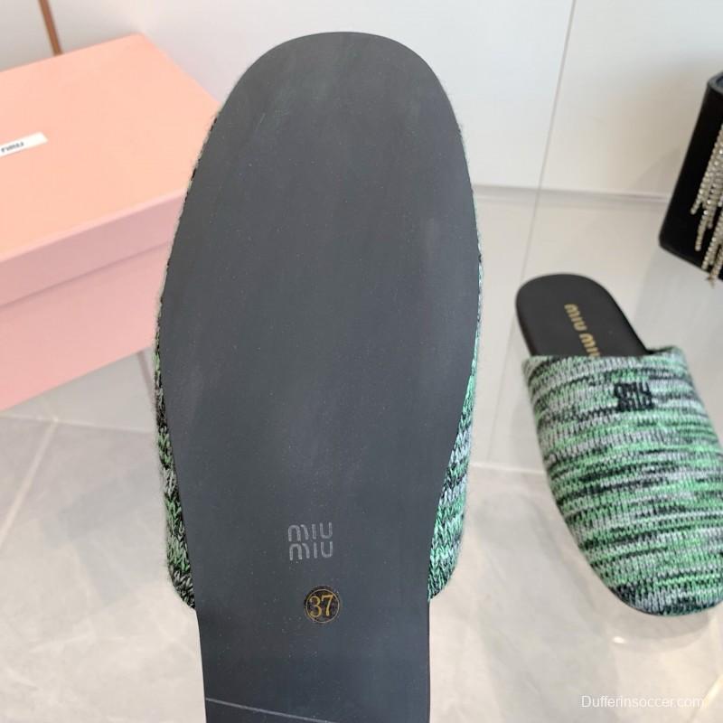 2025 Miu Miu Green Black Fabric Slippers