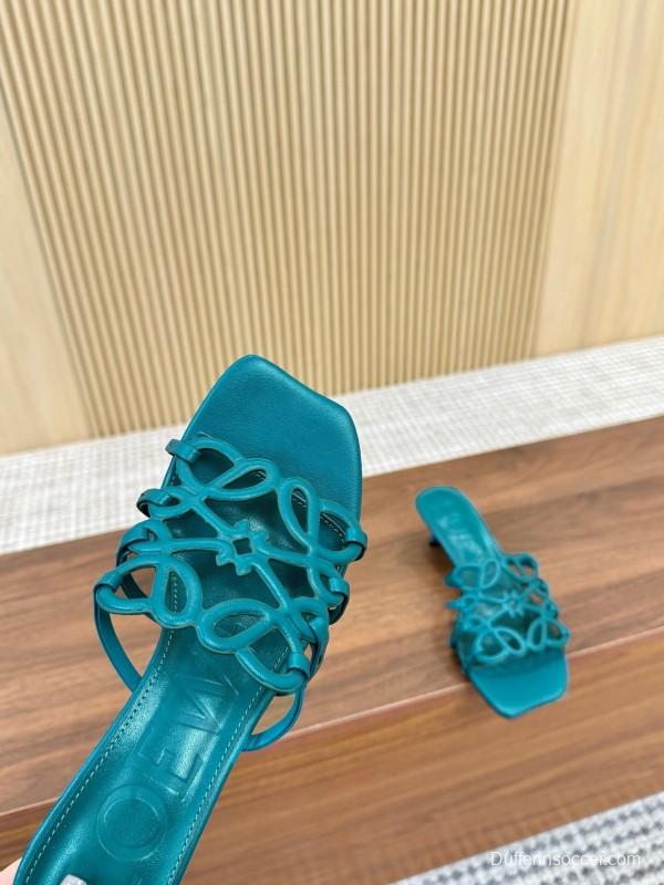 2025 Women Loewe Turquoise Leather Heeled Sandals LY00250