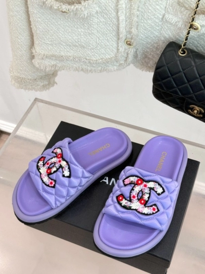 2025 Slippers Chanel Purple Quilt Embroidery