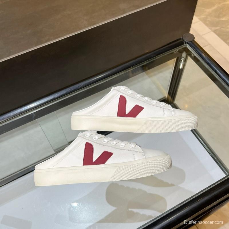 2025 Women VEJA White Burgundy Canvas Leather Slip-On Sneakers