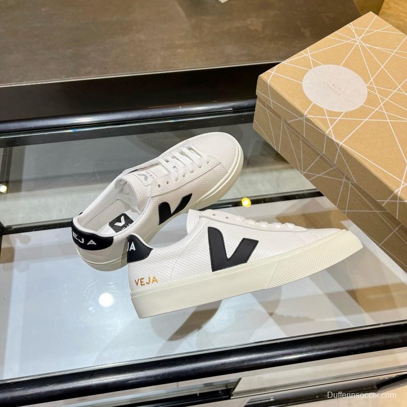 2025 Unisex VEJA White Black Leather Canvas Sneakers V Logo MJ00240(W/M)