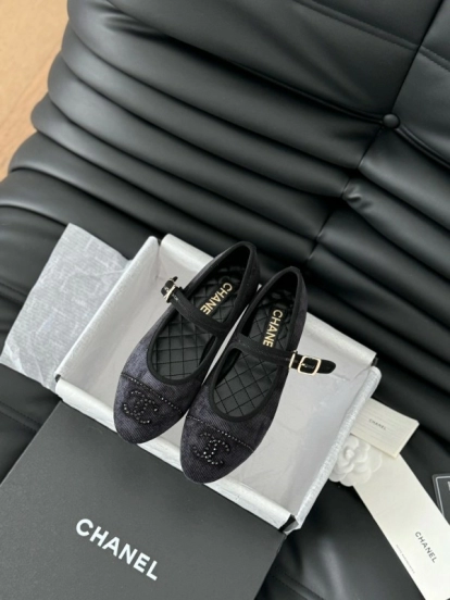 2025 Women Chanel Black Velvet Mary Jane Embroidered LY00280