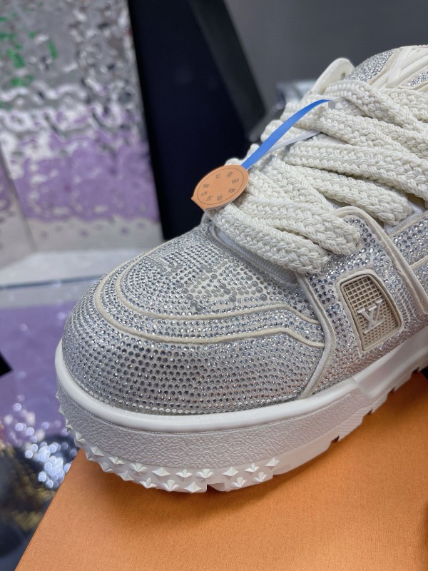2024 Unisex Louis Vuitton White Silver Leather Trainers Crystal Embellished MJ00430