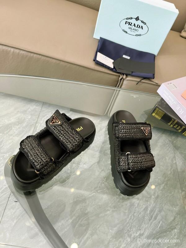 2025 Prada Black Woven Leather Slippers LY00290