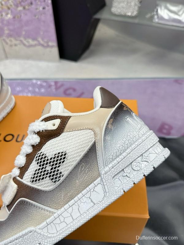 2024 Unisex Louis Vuitton White Brown Leather Mesh Plimsolls Waxed Vintage MJ00500