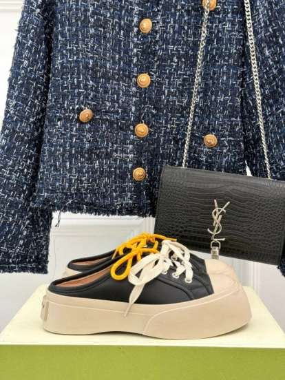 2025 Women YSL Saint Laurent Black White Leather Platform Sneakers Yellow Lace LY00360(F)