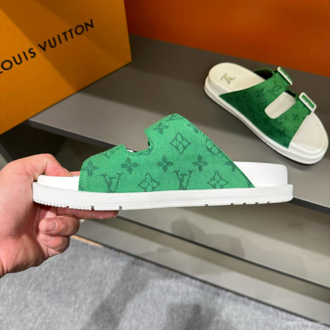 2024 Men Louis Vuitton Green Silk Leather Sandals MJ00210