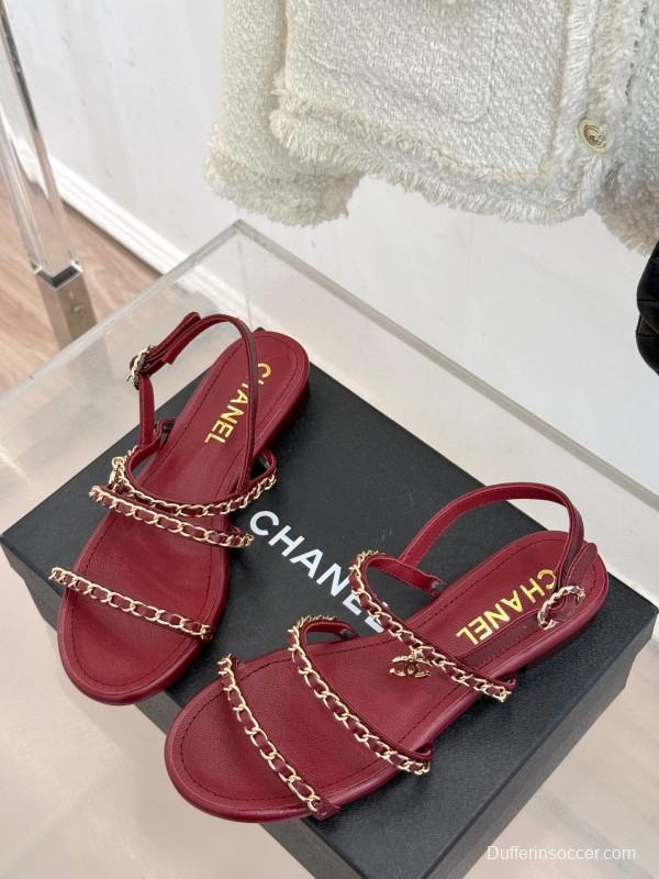 2025 Women Chanel Red Lambskin Chain Strap Sandals