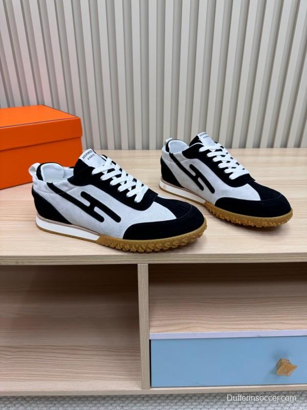 2025 Unisex Hermès Black White Suede Goat Leather Sneakers Top Version LY00310