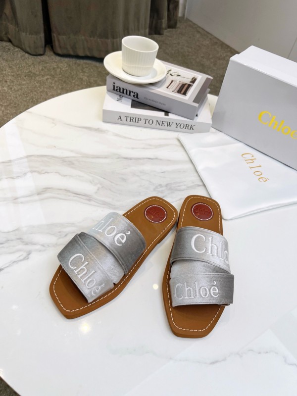 2025 Women Chloé Silver Leather Slippers LY00200