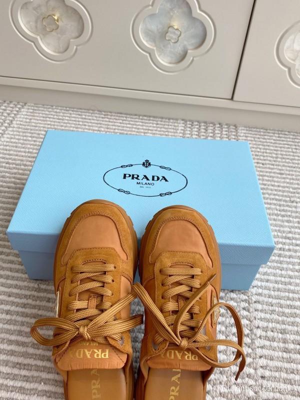 2025 Women Prada Brown Leather Suede Sneakers