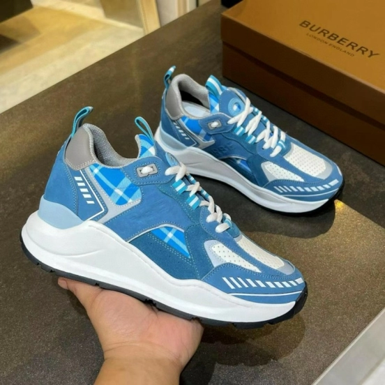 2025 Unisex Burberry Blue White Suede Leather Cotton Sneakers Retro Check MJ00380