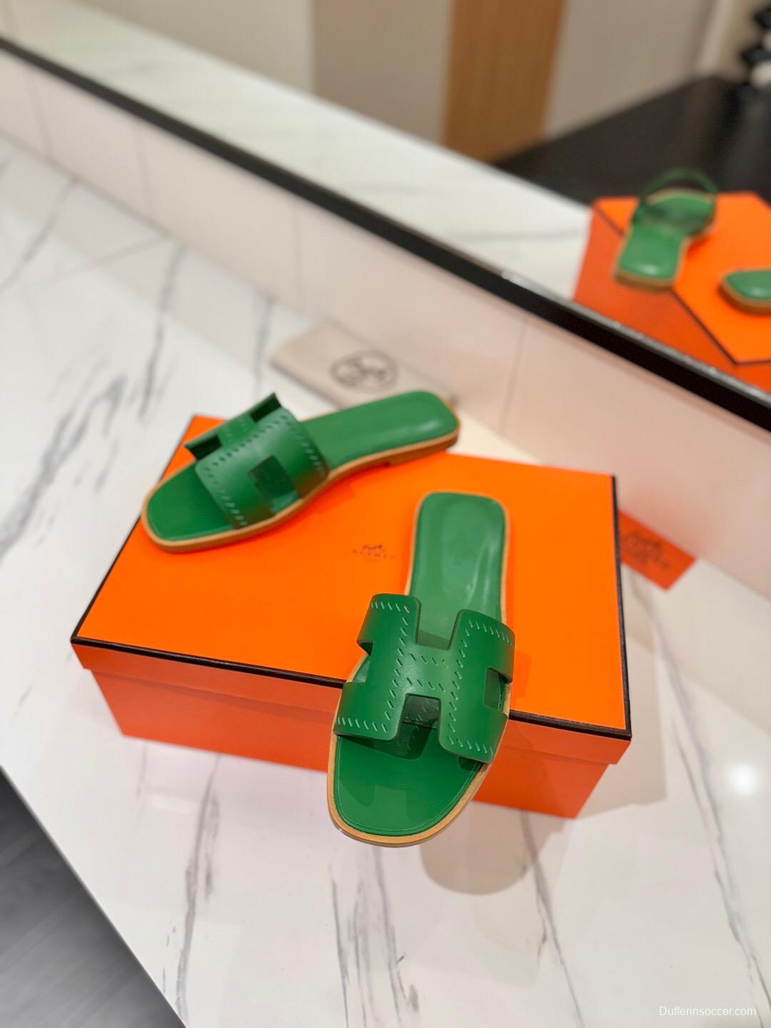 2025 Women Hermès Green Leather Slippers