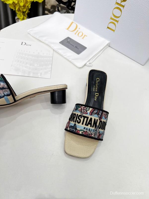 2025 Women Dior Black Beige Embroidery Mid Heel Slippers