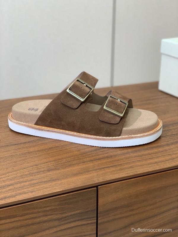 2025 Unisex Brunello Cucinelli Brown Suede Leather Slippers KFY00250