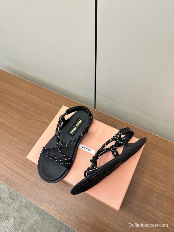 2025 Women Miu Miu Black Leather Rope Sandals