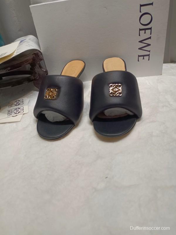2025 Women Loewe Black Leather Slippers