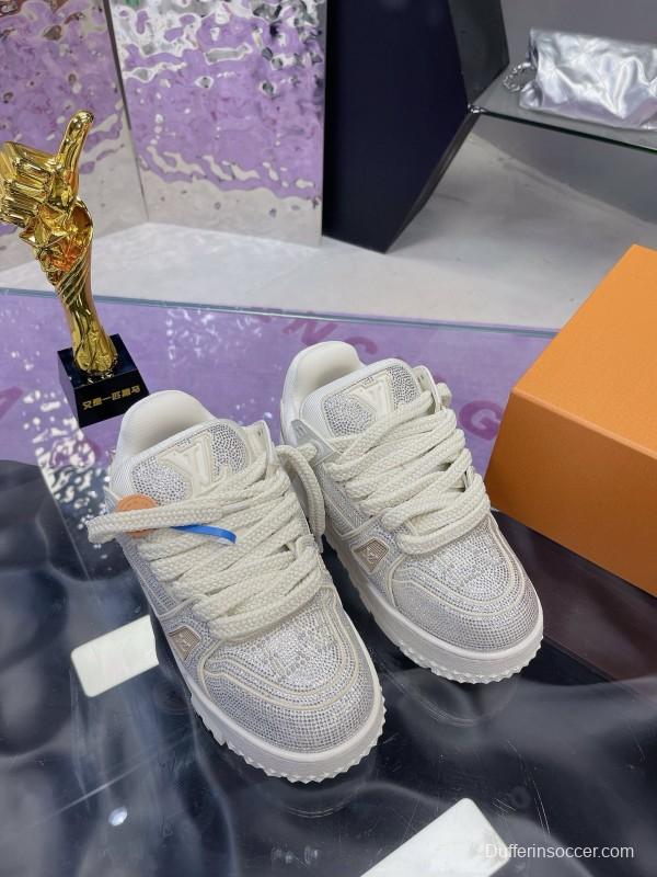 2024 Unisex Louis Vuitton White Silver Leather Trainers Crystal Embellished MJ00430