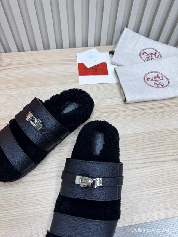 2024 Women Hermès Black Leather Shearling Slippers