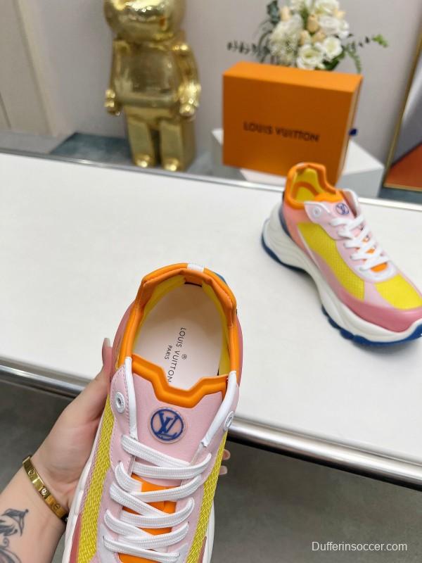 2025 Women Louis Vuitton Yellow Pink Blue Mesh Leather Sneakers