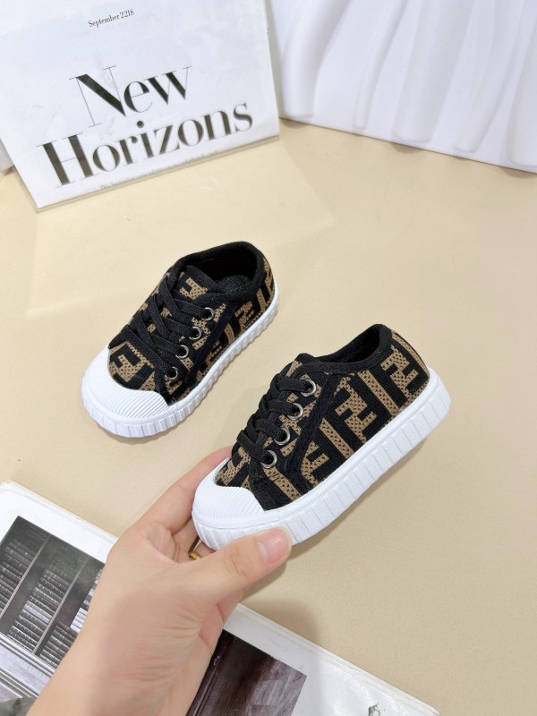 2024 Kids Fendi Black Beige Canvas Sneakers