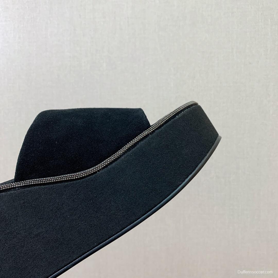 2025 Women BRUNELLO CUCINELLI Black Suede Platform Slide Sandals Casual Craftsmanship KFY00275(F)
