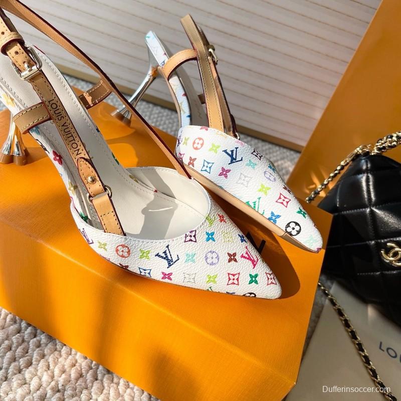 2025 Women Louis Vuitton White Multicolor Canvas Leather Slingback Pumps