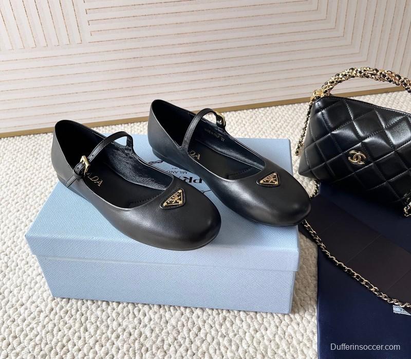 2025 Women Prada Black Leather Mary Jane Flat