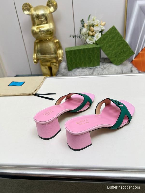 2025 Women Gucci Pink Green Leather Slippers