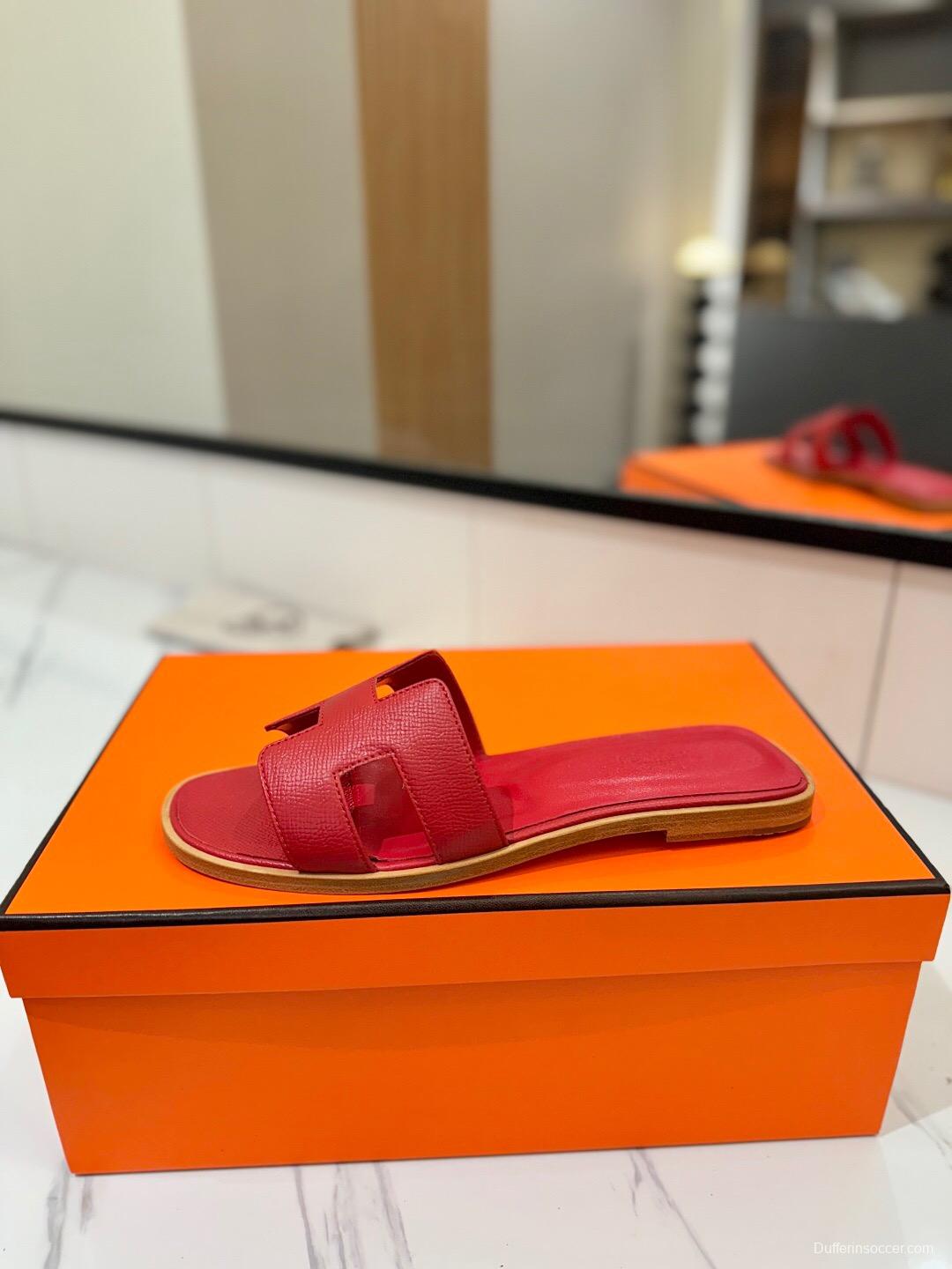 2025 Women Hermès Red Leather Slippers