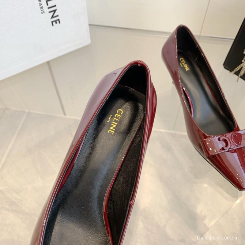 2025 Women Celine Burgundy Patent Leather Pointed Toe Pumps