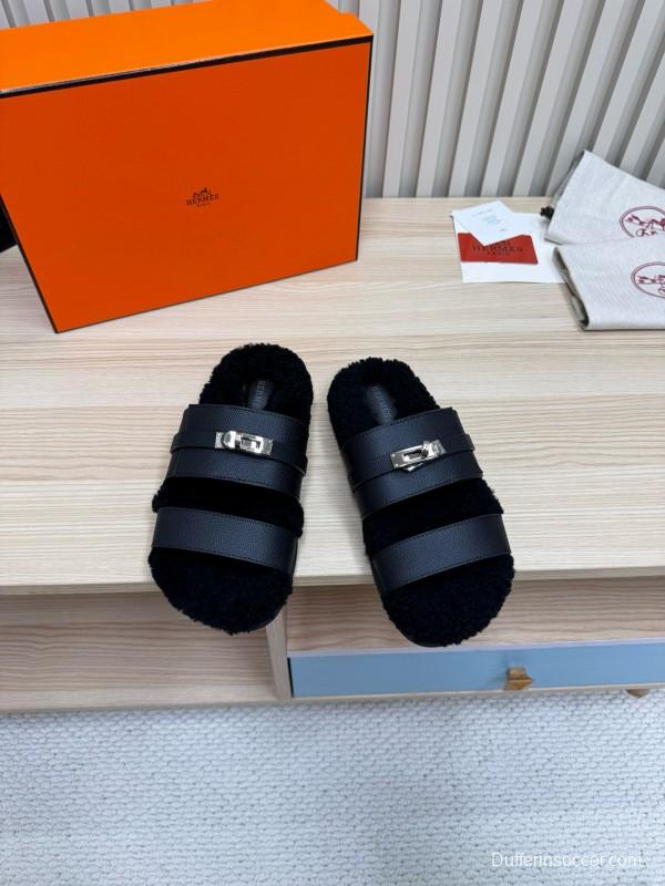 2024 Women Hermès Black Leather Shearling Slippers